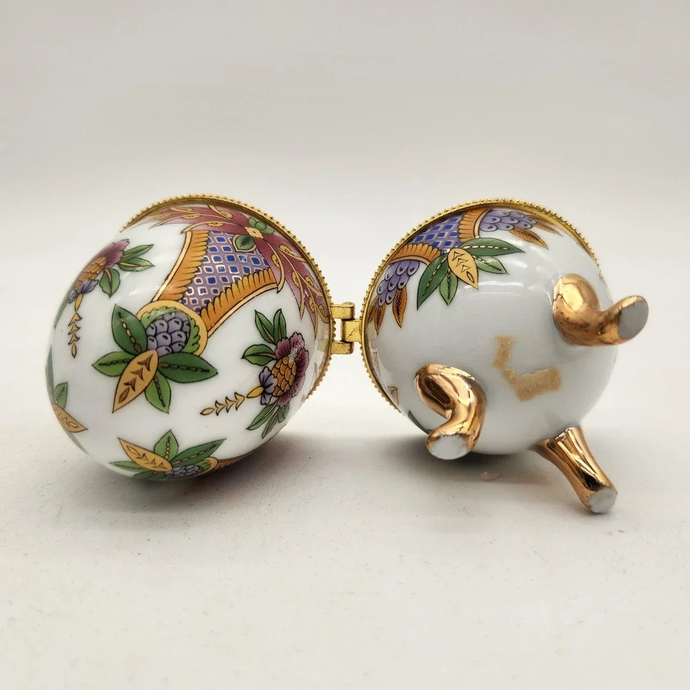 Vintage Porcelain Egg Trinket Box Hinged Footed Floral Gold Trim Limoges Style